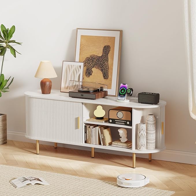 DHH 55 Inch Mid Century Modern TV Stand with Power Outlet for TVs up to 60 Inch, Entertainment Center with Storage and Adjustable Shelves, Media Console with Sliding Doors for Living Room(White)