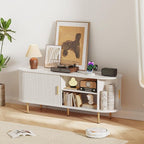 DHH 55 Inch Mid Century Modern TV Stand with Power Outlet for TVs up to 60 Inch, Entertainment Center with Storage and Adjustable Shelves, Media Console with Sliding Doors for Living Room(White)