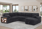 Eafurn Oversized U Shaped Convertible Sleeper Sectional Sofa w/Pull Out Couch Bed, 6 Seater Corduroy Upholstered Corner Lounge Sofa Couch Sleeper Sofabed w/Storage Chaise,Shelves