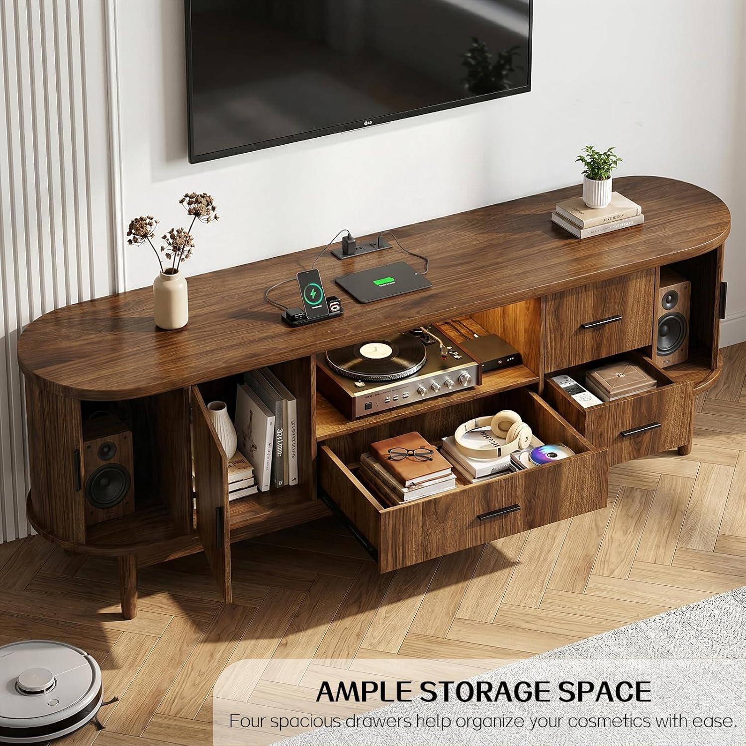 Haewon 63" Mid Century Modern TV Stand for TVs up to 75 Inch, Wood Entertainment Center with LED Lights and Power Outlet, Modern TV Console with Fluted Sliding Doors for Living Room, Walnut