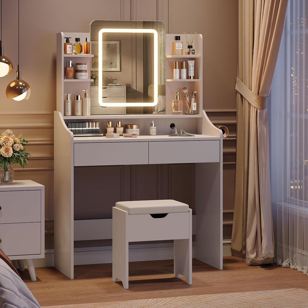 Vabches Vanity Desk with Mirror and Lights, Vanity with Lighted Mirror | Whit...