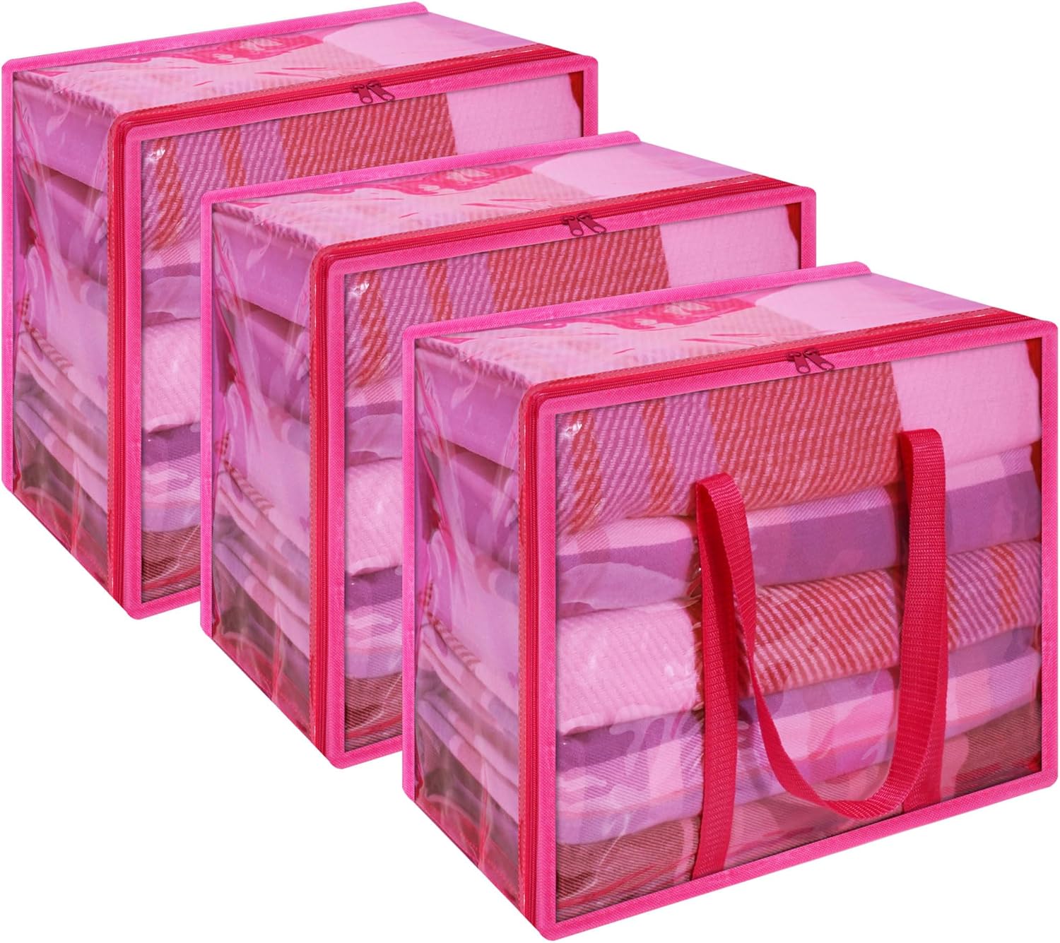 Vieshful 90L Clear Clothes Storage Bag with Zipper 3 Pack Colorful Clothes Organizer Vinyl Storage Bag for Comforter, Blanket, Bedding, Duvet, Transparent Moving Totes, Pink