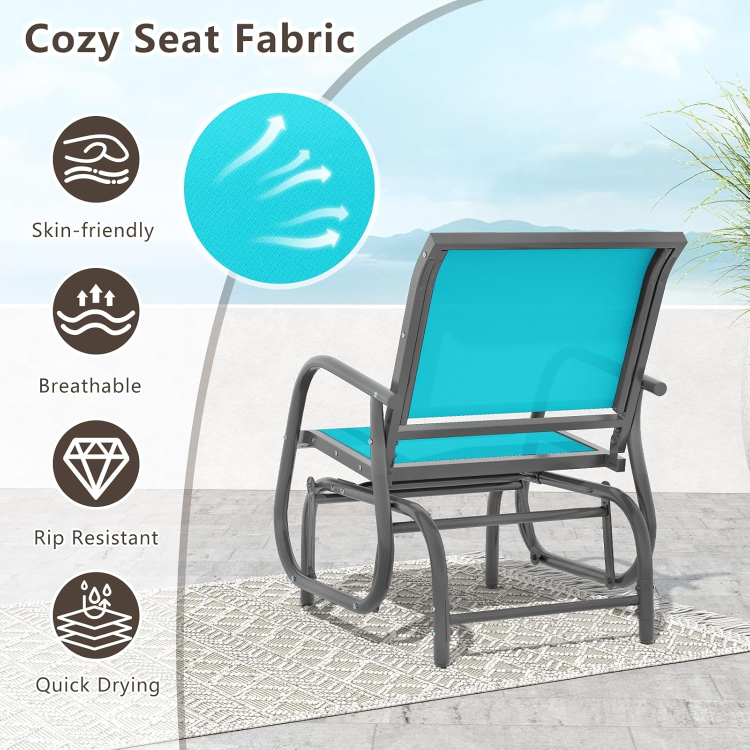 Giantex Swing Glider Chair W/Study Metal Frame Comfortable Patio Chair Love-Seat for Garden, Porch, Backyard, Poolside, Lawn Outdoor Rocking Chair (2, Turquoise)