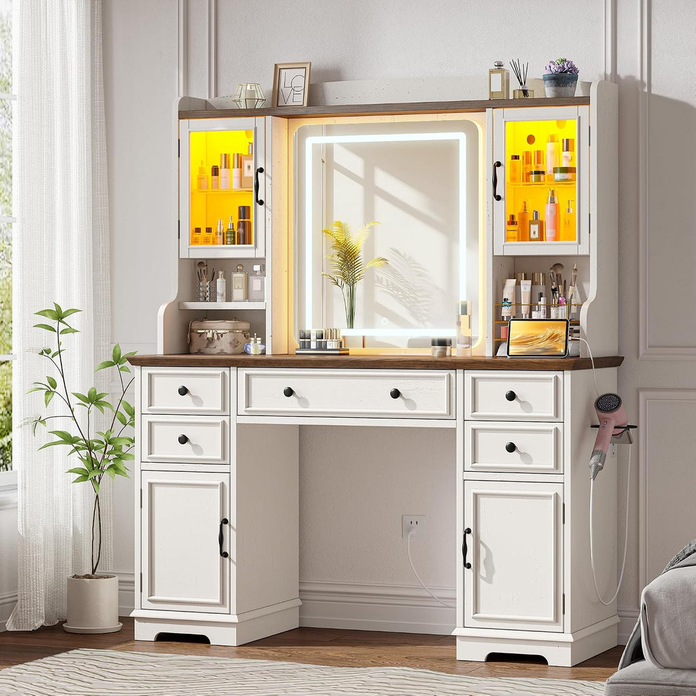 EnHomee Vanity Desk with Mirror and Lights, 43" White Makeup Vanity Desk...