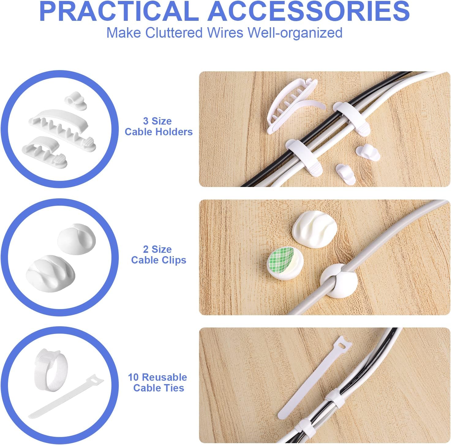 Cable Organizer Box Set of Three, Power Cover Cord Holder Surge Protector for Desk (White)