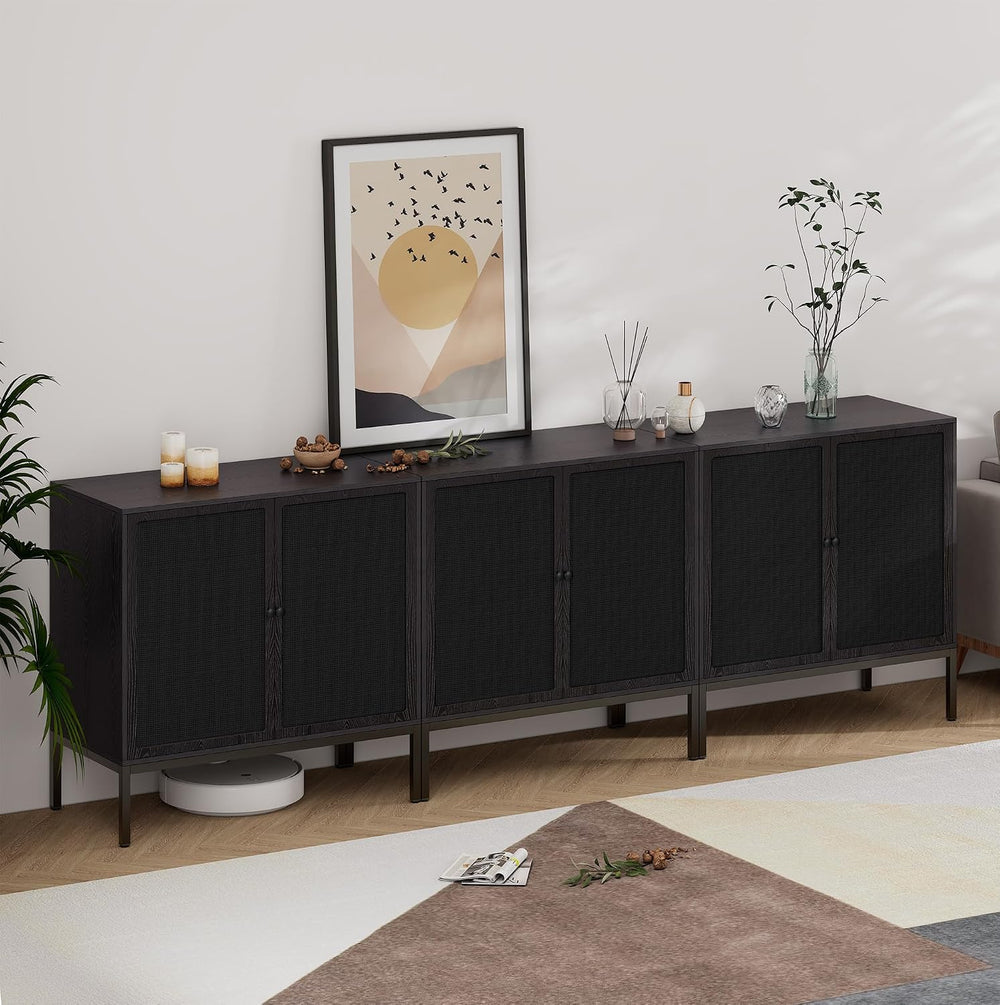 XIAO WEI Farmhouse Boho Sideboard Buffet Cabinet with Black Rattan Doors, 31....
