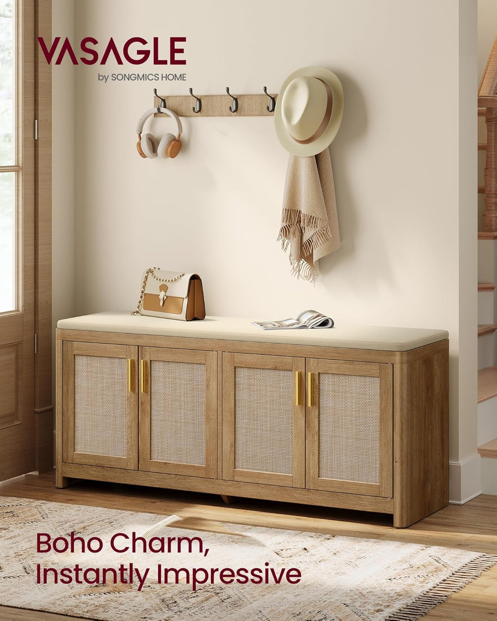 VASAGLE ELLAN Collection - Boho Shoe Bench with Cushion, Entryway Storage Ben...