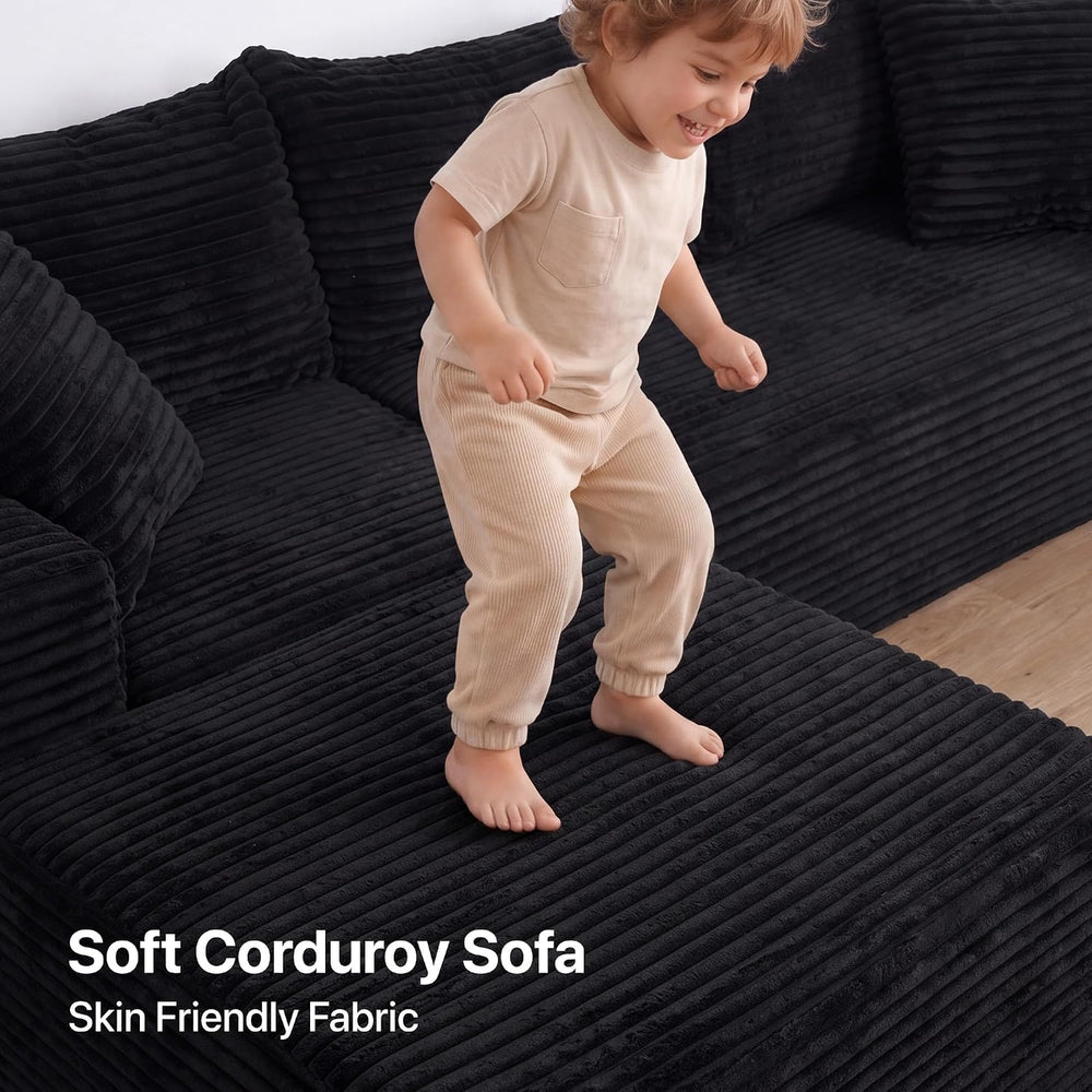 Claiks 94" Couch, L-Shape Corduroy Sectional Sofa, Black | Flexible Modu...