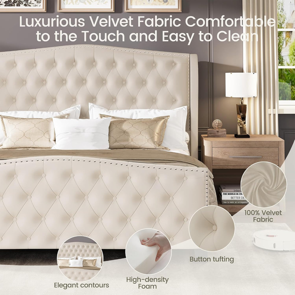 LARMACE Queen Size Bed Frame Velvet Upholstered Platform Bed with Wingback He...