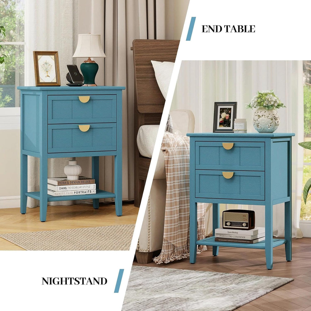22" Blue Nightstand with 2 Storage Drawers Bedside Table with Open Shelf...