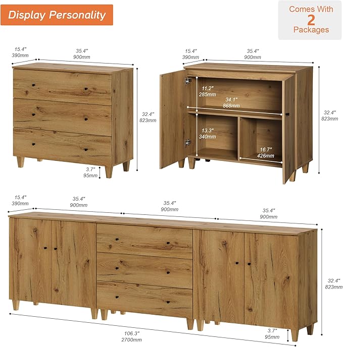 WAMPAT TV Stand Cabinets for 100+ Inches TVs, 3-in-1 Wood Media Console Table with Doors and Drawers, Modern Highboy Entertainment Center with Storage for Living Room Bedroom, Oak Brown