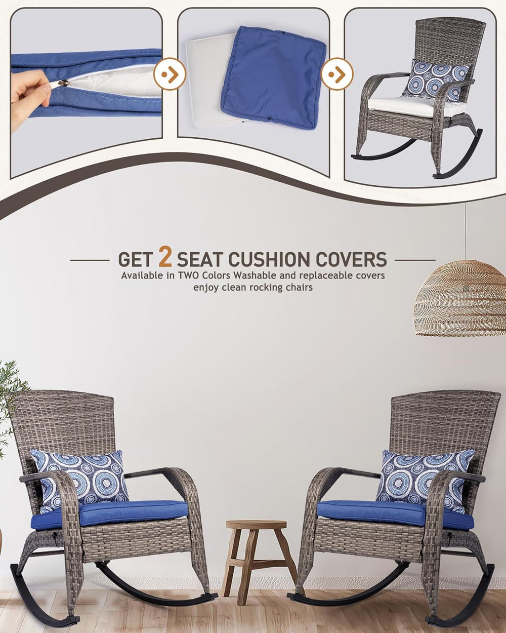 Outdoor Rocking Chairs Set of 2, Patio Rocker Chairs with Cushions & Stee...