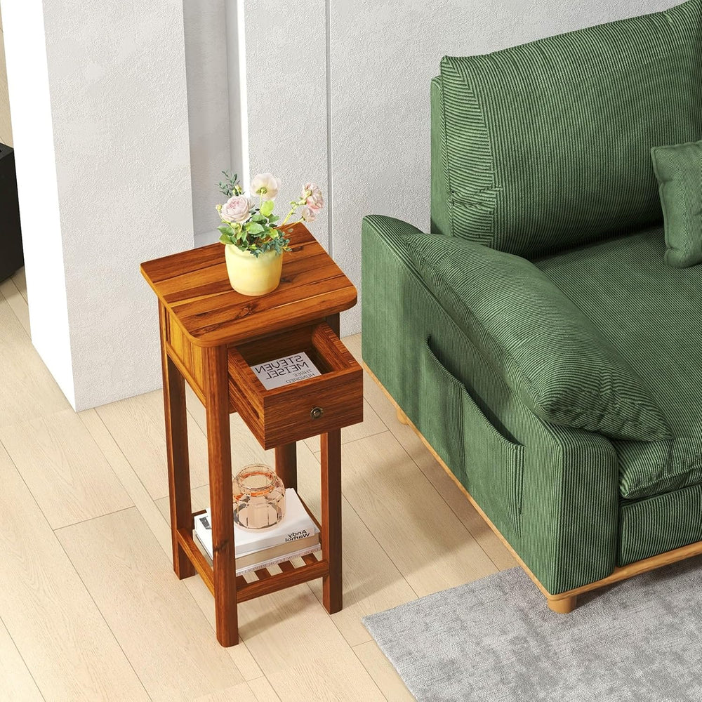 Giantex Narrow End Table with Drawer Set of 2, Tall Acacia Wood Side Table wi...