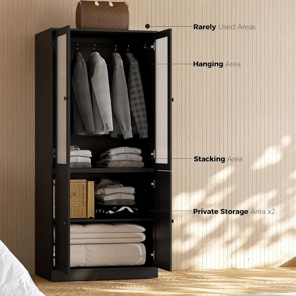 VOWNER 20“D Armoire Wardrobe Closet with Fluted Glass, 71" H Clothing Storage Cabinet with Hanging Rod, 4 Soft-Close Doors Wooden Wardrobe Cabinet for Bedroom, Large Capacity Storage Black(CCA)