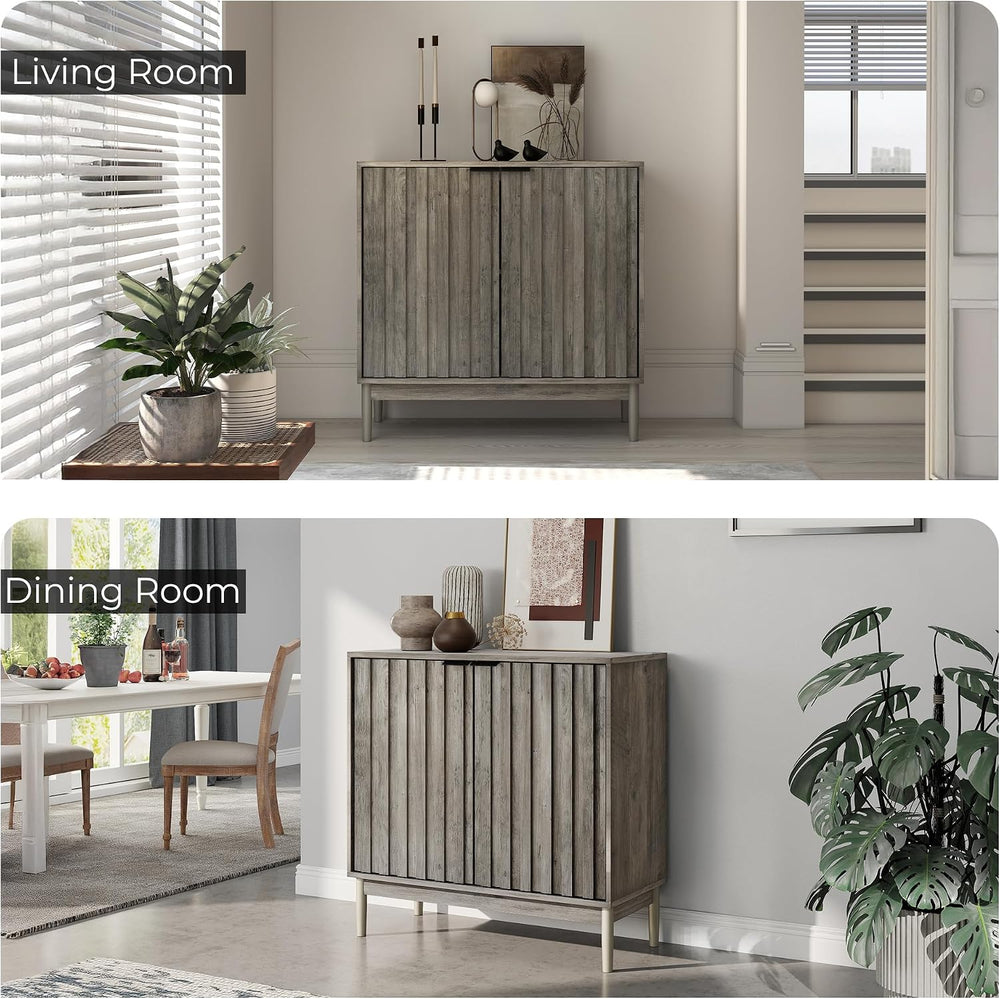 Fluted Buffet Cabinet with Storage, Small Accent Cabinet, Grey
