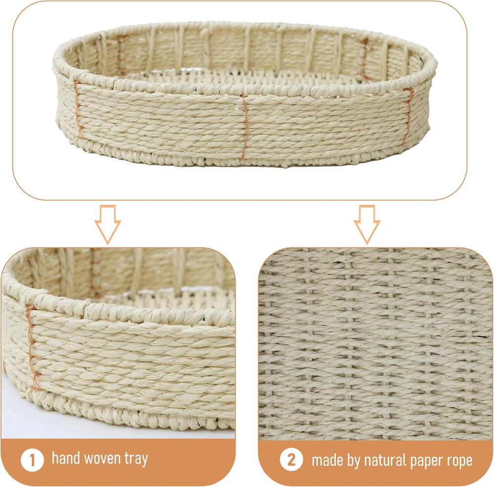 3-Tier Seagrass Woven Side Table, Oval Storage Basket with Trays,Farmhouse Co...