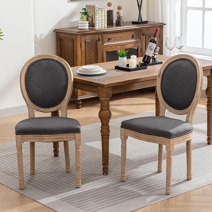 French Country Dining Chairs Set of 4, Gray Kitchen & Dining Room Chairs, Linen Upholstered, Wood Legs, Sillas De Comedor (Fabric, Grey, 4Pcs)
