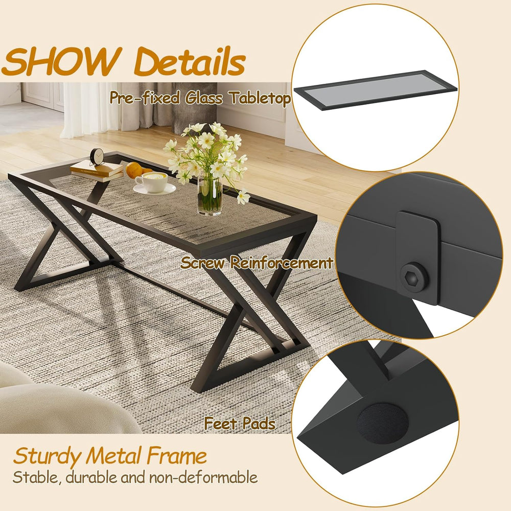 Wolawu Coffee Table Grey Glass Coffee Tables for Living Room, Center Table