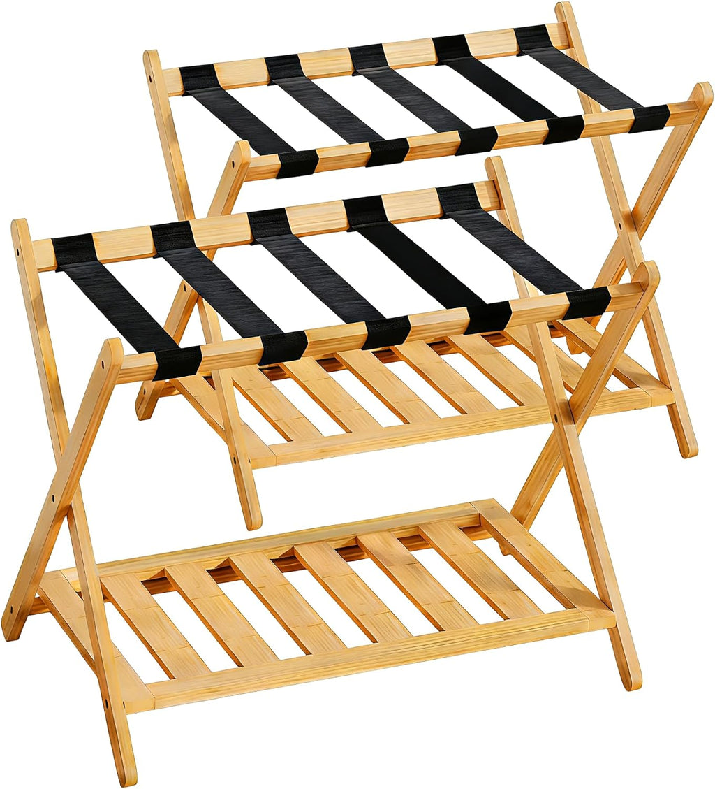 BAMBOOHOMIE Full Assembled Luggage Rack Set of 2, Bamboo Luggage Holder Rack for Guest Room, 26.77" L Folding Suitcase Stand with 5 Nylon Straps & Storage Shelf for Bedroom Hotel (2 Pack - Natural)