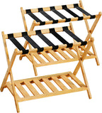 BAMBOOHOMIE Full Assembled Luggage Rack Set of 2, Bamboo Luggage Holder Rack for Guest Room, 26.77" L Folding Suitcase Stand with 5 Nylon Straps & Storage Shelf for Bedroom Hotel (2 Pack - Natural)