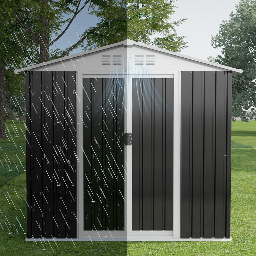 Outdoor Sheds 6FT x 4FT Outdoor Storage, Metal Anti-Corrosion Utility Tool House with Lockable Door & Shutter Vents，Outdoor Waterproof Garden Tool Metal Storage Sheds（Grey）