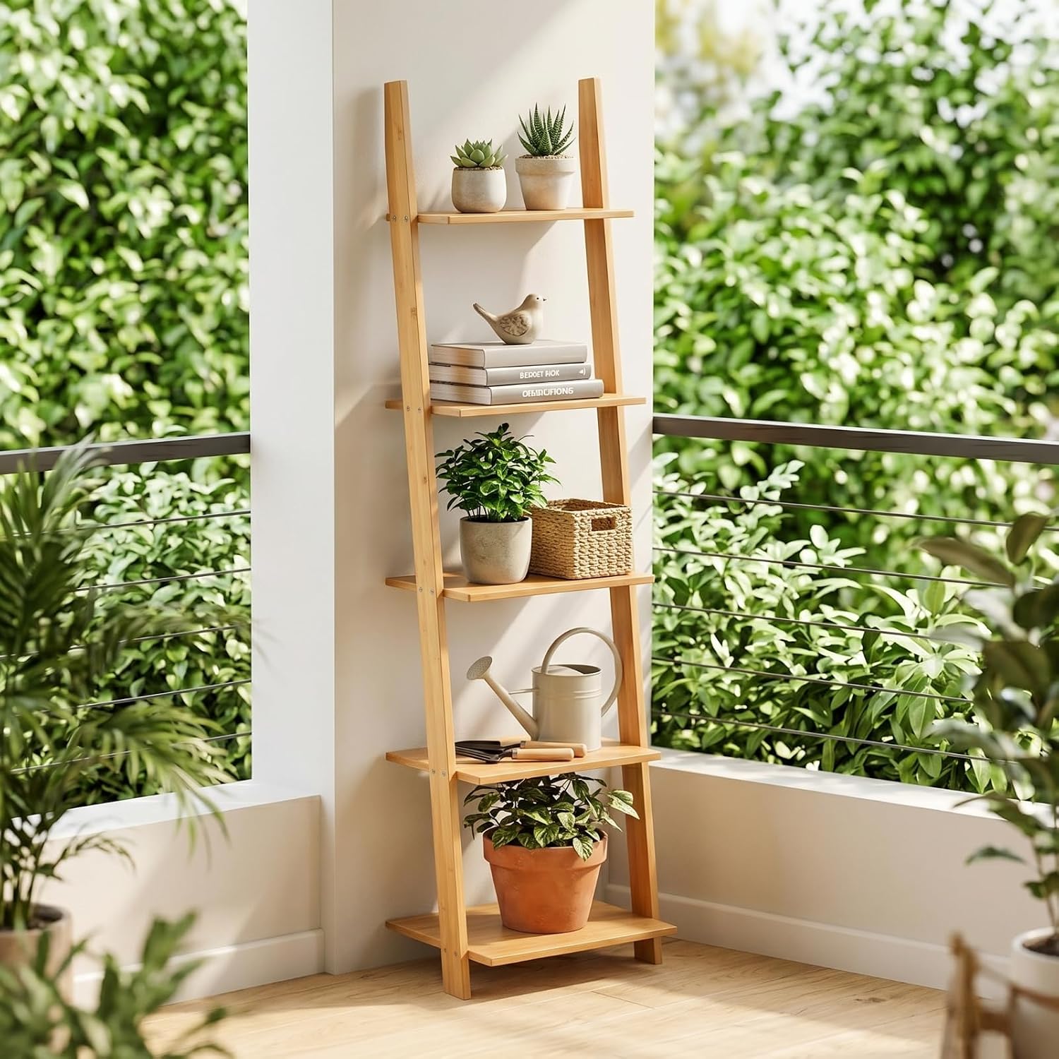 Multi Layer Storage Shelf Ladder Bookcase Stand with Bamboo Finish and Stable Side Supports Suitable for Hallway Storage Apartment Organization Office Display