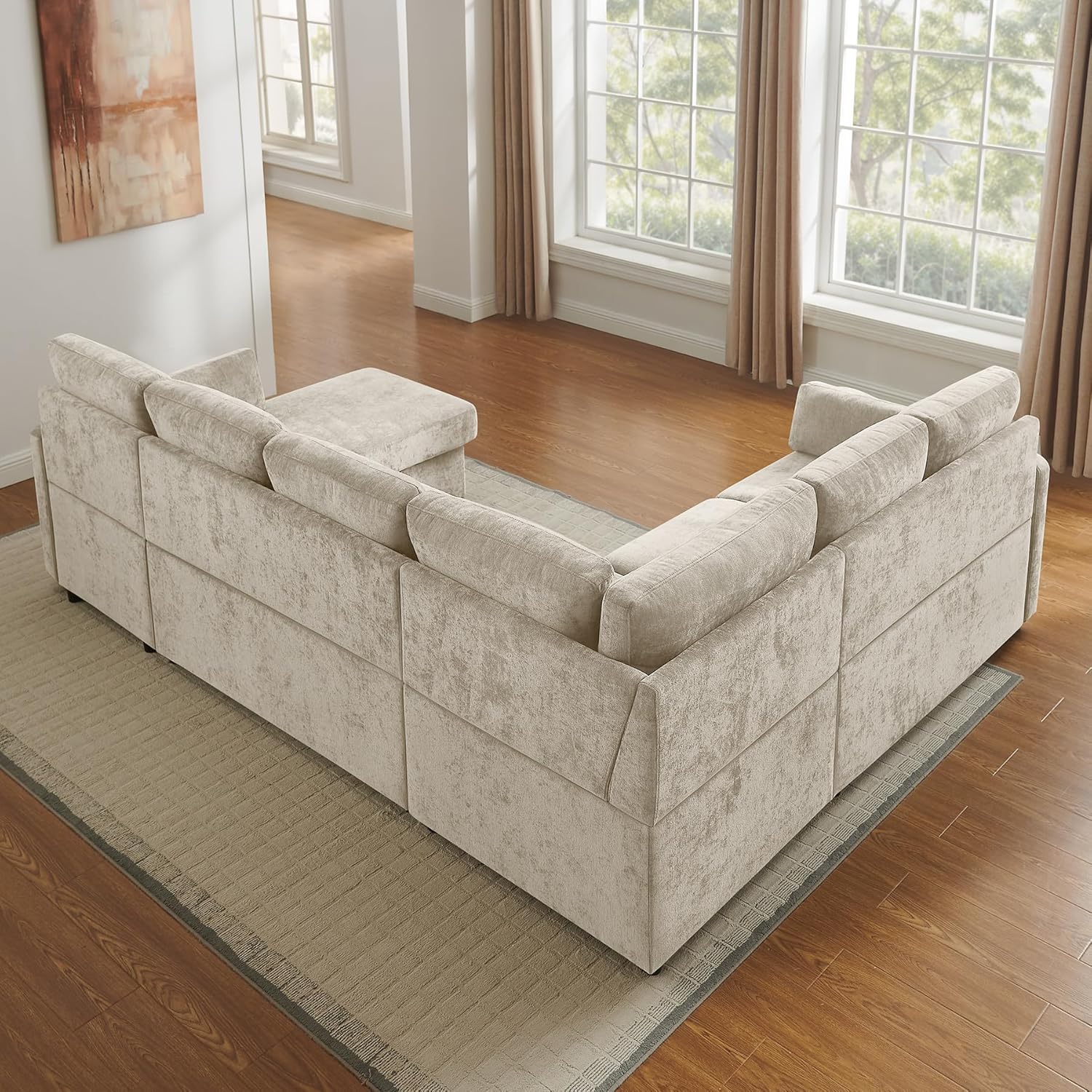 112'' Sectional Sleeper Sofa with Pull Out Bed, U Shaped 7 Seater Modular Sectional Sofa with Storage Chaise, Modern Sectional Sofas & Couches with 4 Pillows, Chenille Sofa Bed for Living Room, Camel