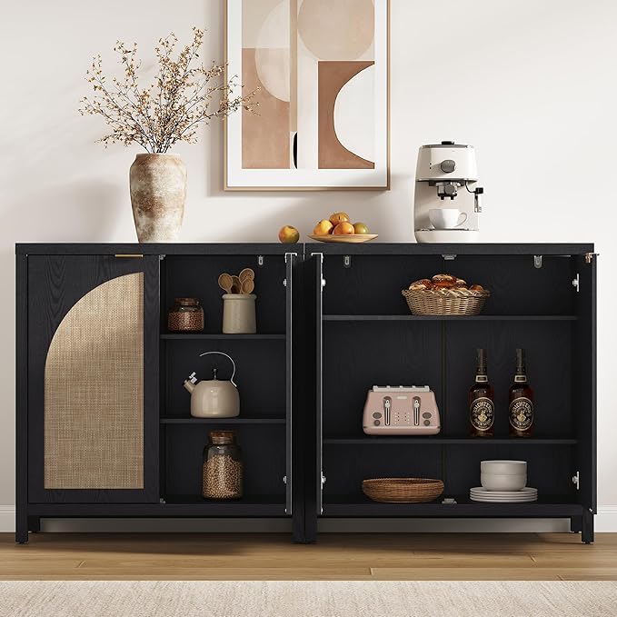 SICOTAS Rattan Sideboard Buffet Cabinet with Storage, Modern Credenza Storage Cabinet with Arch Doors & Adjustable Shelves, Coffee Bar Media Console Cabinets for Kitchen Living Room Entryway, Black