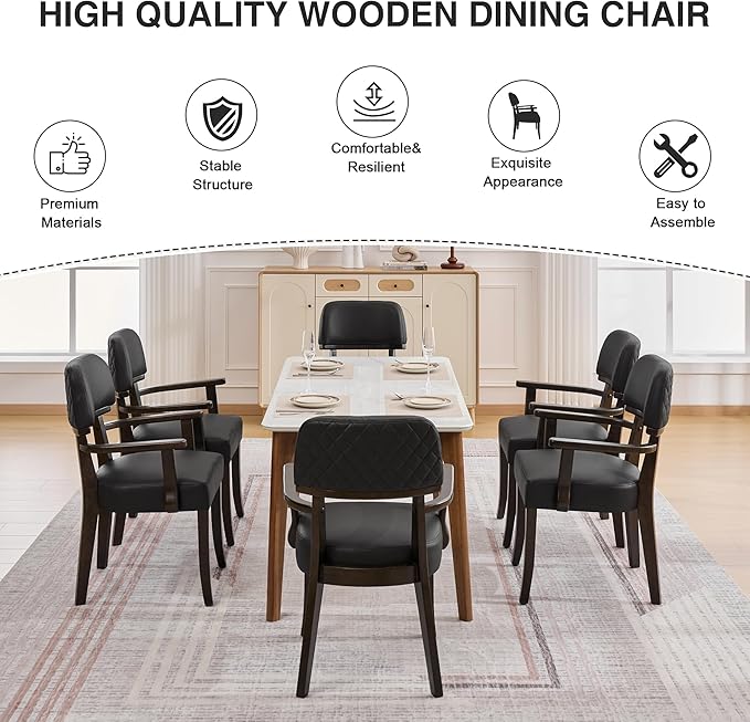 PU Leather Dining Chairs with Arms Set of 2, Upholstered Dining Room Chairs with Hardwood Legs & Open Curved Backrest,Modern Accent Kitchen Chairs 350 LBS Capacity, Black