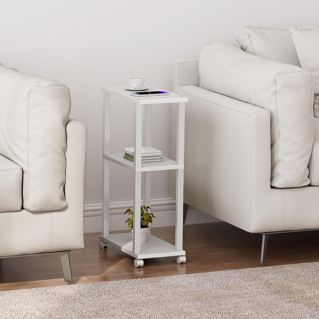TUTOTAK Small Side Table, Narrow End Table, Bedside Table, Couch Side Table with Wheels for Living Room or Bedroom, White TB01BW061