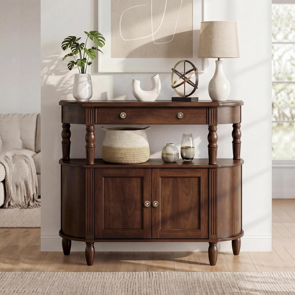 Curved Console Table with Solid Wood Legs, 47" Half Moon Sofa Table with...