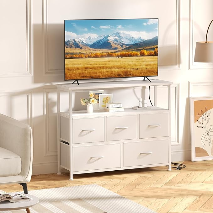 DUMOS TV Stand, Dresser with 5 Fabric Storage Drawers, Media Console Featuring Open Shelf, Fabric Storage Cabinet with Charging Station, Compact Entertainment Unit for Bedroom, Living Room, White