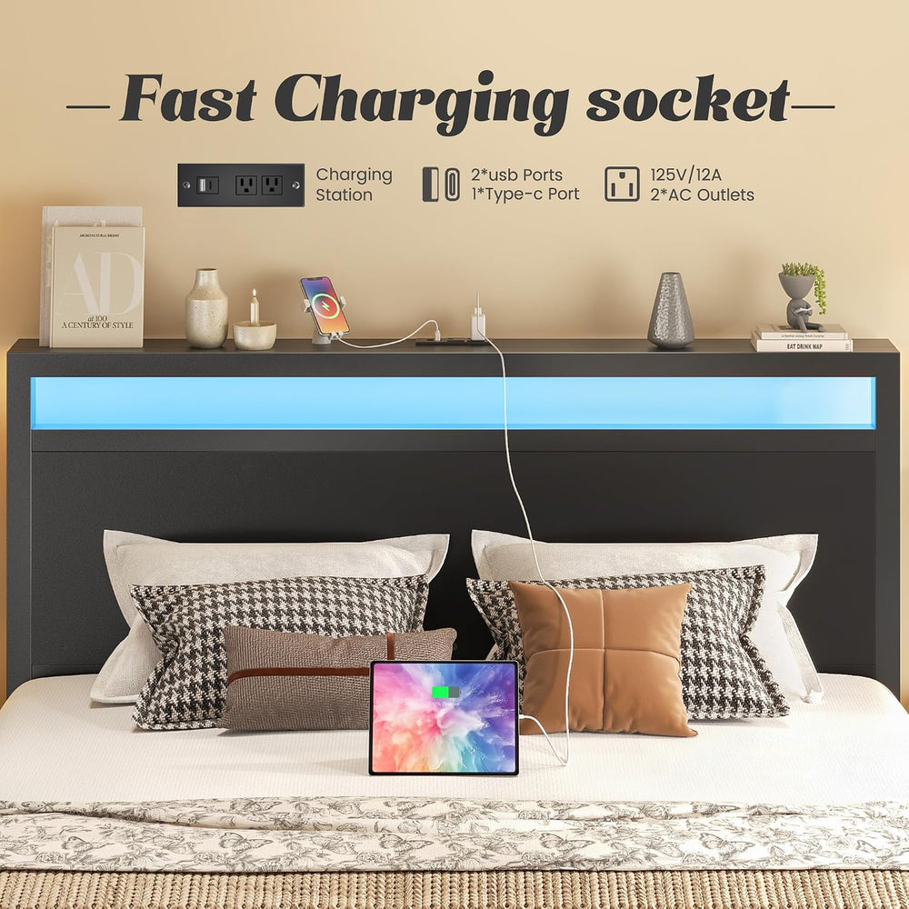 Queen Bed Frame with Headboard & Footboard, Bed Frame with Built-in Charg...