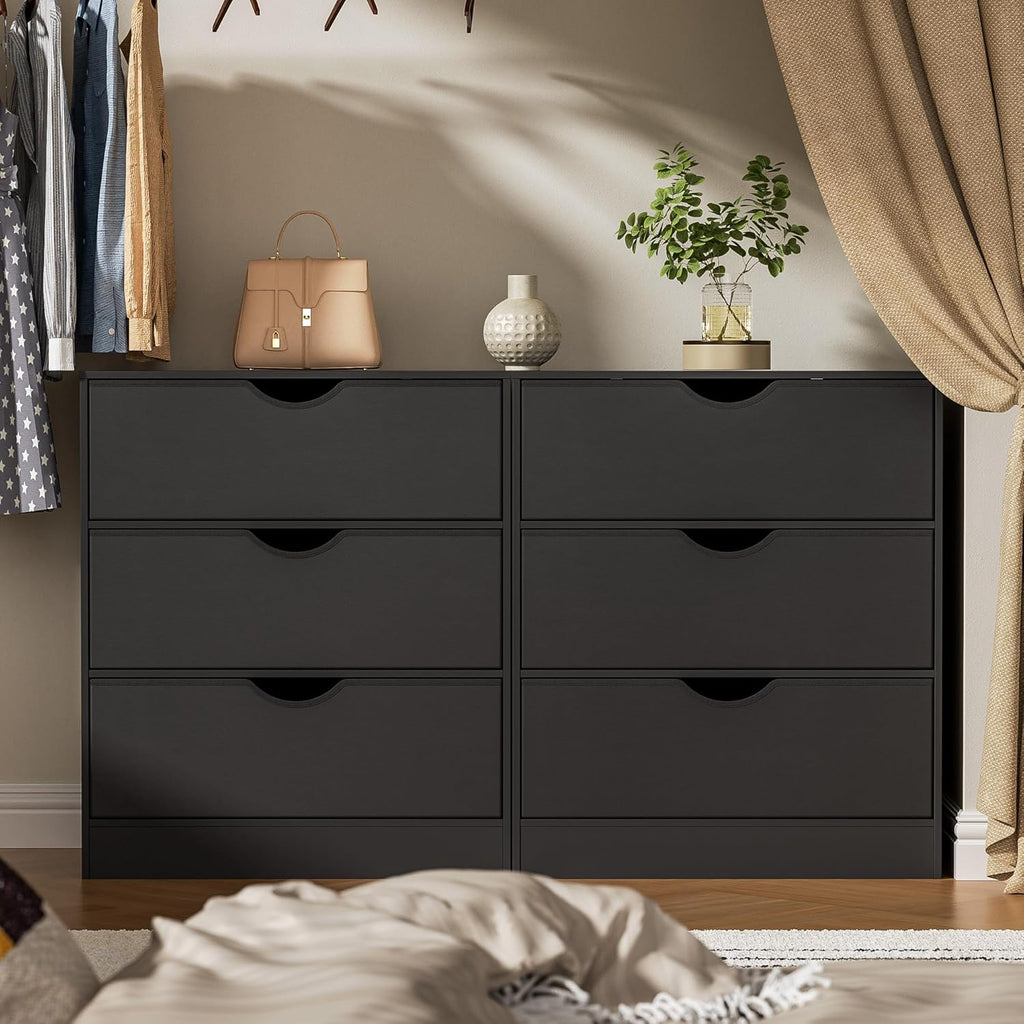 3 Drawers Dresser (Set of 2) for Bedroom, Fabric PU 6 Drawer with Wood Frame, Black Dresser with Large Organizer, Chest of Drawers for Closet, Living Room, Hallway, Black