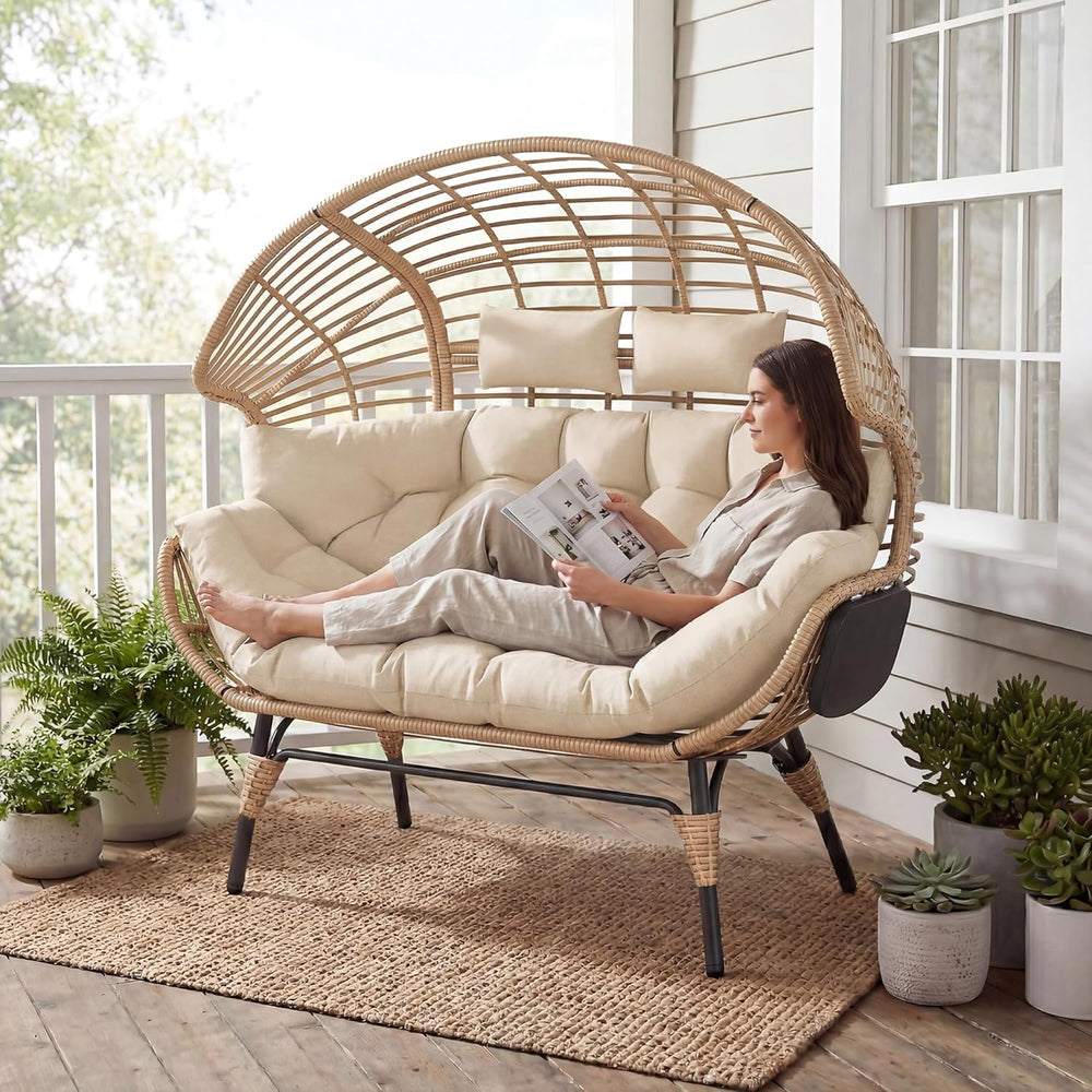Double Wicker Egg Chair Outdoor Indoor - 2-Person Oversized Loveseat with 8&q...