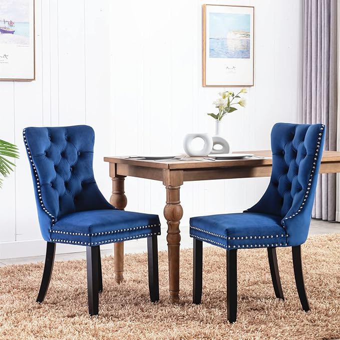 Blue Velvet Dining Chairs Set of 4, Tufted Upholstered Dining Room Chairs with Back Ring Pull, Nailhead Trim and Solid Wood Legs, Modern Dining Chairs for Dining Room, Kitchen(Blue)