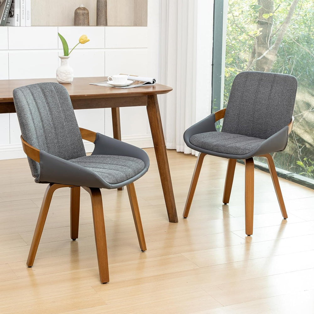 Dining Room Chairs Set of 4, Mid Century Modern Gray Fabric+Faux Leather Kitc...