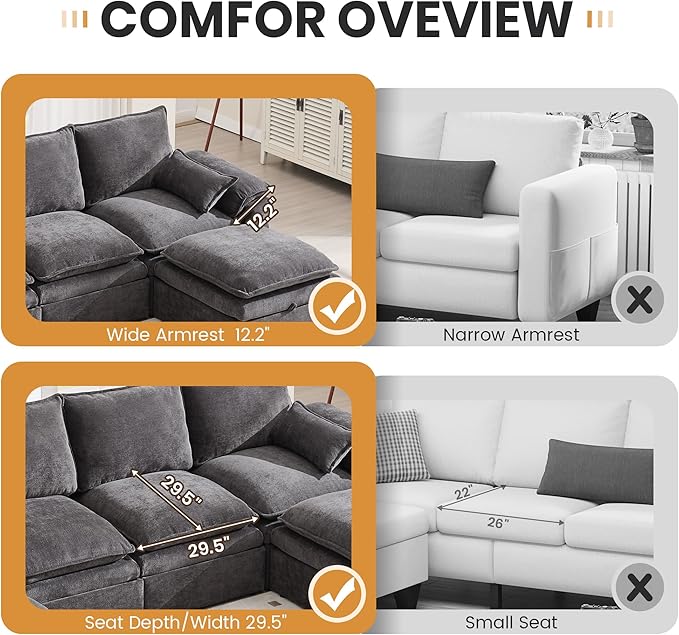 130" U Shaped Modular Sectional Sofa, Couch with Ottoman Storage, Chenille Cloud Couch with Plush Deep Seating for Living Room, Bedroom (Grey, 9 Seat)