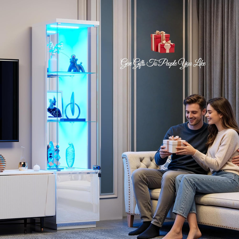 WOOVIVS 64.9" Glass Display Cabinet with Lock & 3-Color LED Lights, ...