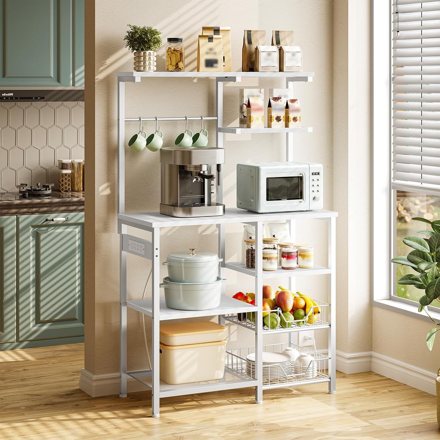 HOOBRO Large Bakers Rack with Power Outlets, 6-Tier Microwave Stand with 4 Hooks, Coffee Bar, Kitchen Shelf with Wire Basket, for Kitchen, Living Room, Office, White WW64UHB01