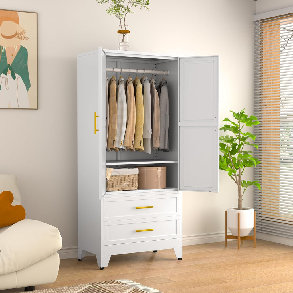 Metal Clothing Storage Cabinet with Adjustable Shelves and Hanging rods. A Household Steel Wardrobe Storage Cabinet with Drawers (Wardrobe - White).