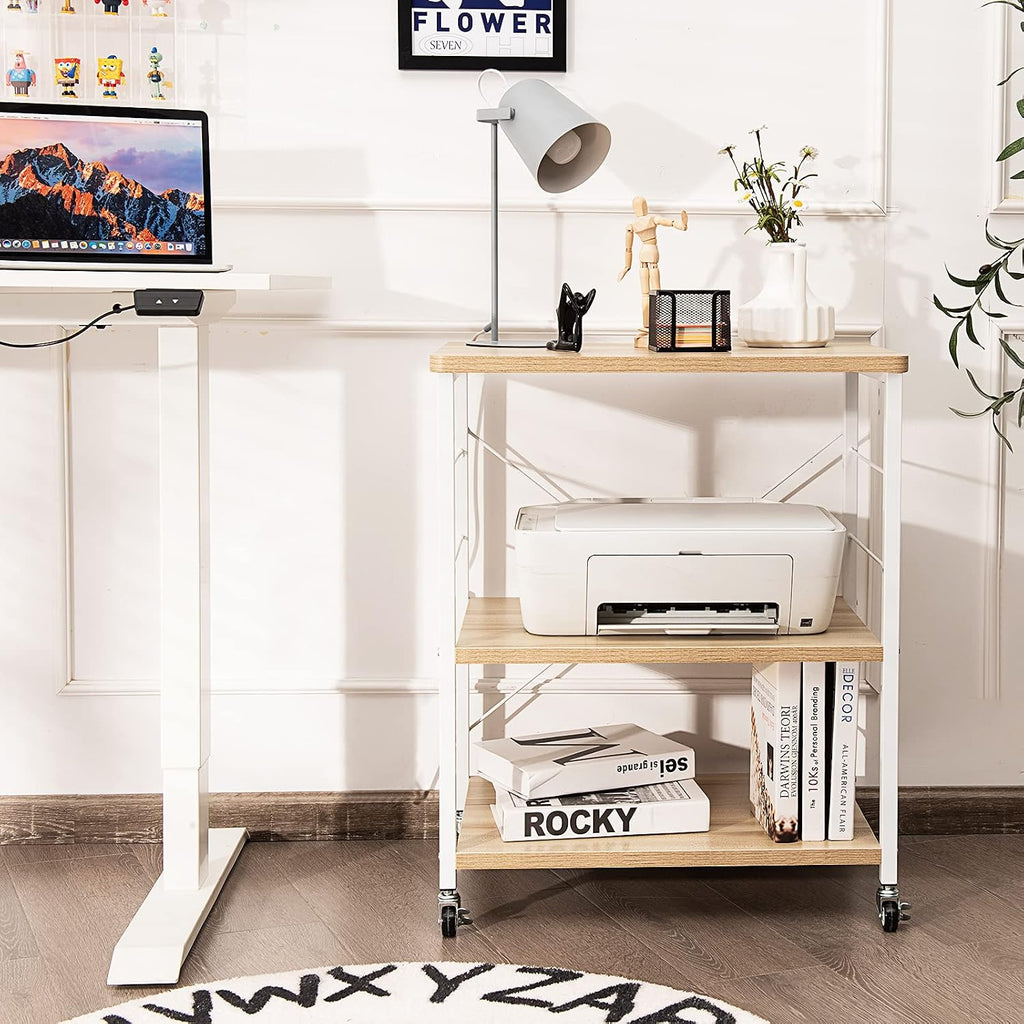 Giantex Kitchen Bakers Rack 3-Tier Microwave Cart on Wheels, Industrial Utility Bar Cart with 10 Hooks Metal Frame Wood Storage Shelves, Rolling Microwave Stand, Maple & White