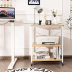Giantex Kitchen Bakers Rack 3-Tier Microwave Cart on Wheels, Industrial Utility Bar Cart with 10 Hooks Metal Frame Wood Storage Shelves, Rolling Microwave Stand, Maple & White