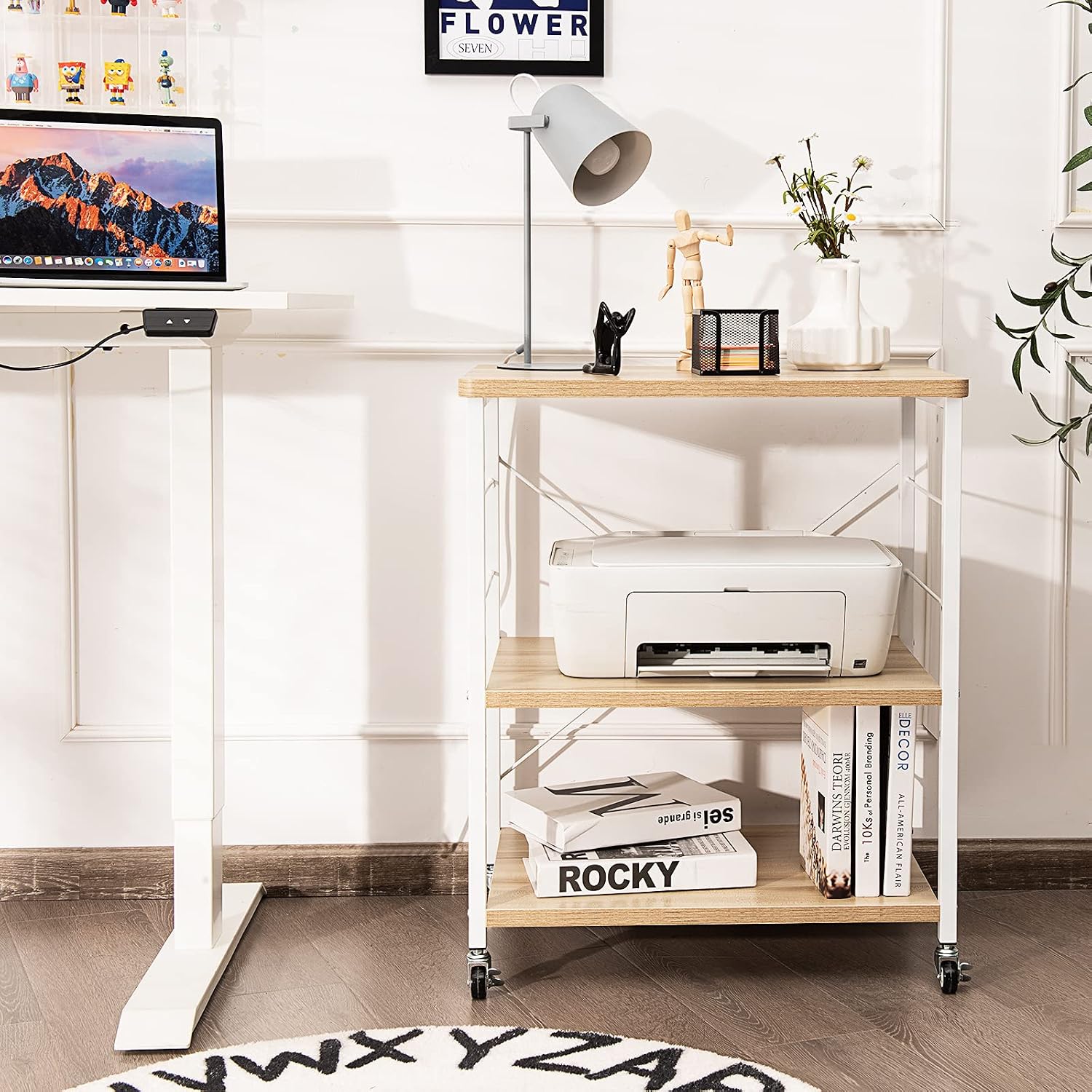 Giantex Kitchen Bakers Rack 3-Tier Microwave Cart on Wheels, Industrial Utility Bar Cart with 10 Hooks Metal Frame Wood Storage Shelves, Rolling Microwave Stand, Maple & White