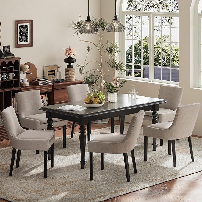 Dining Chairs Set of 6, Upholstered Corduroy Dining Room Chair with Wood Legs, Mid-Back Padded Kitchen Side Chairs for Dining Room, Camel