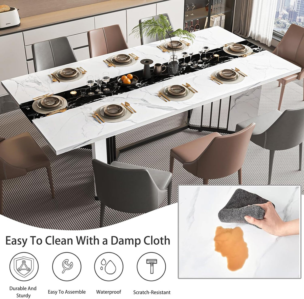 JassmiPkwy 71 Inch Dining Table for 6 8 10 People, Rectangular Faux Marble Ki...