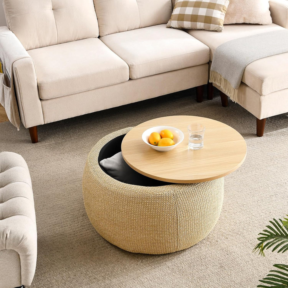 Round Storage Ottoman, 2 in 1 Function, Work as End Table and Ottoman, Natura...