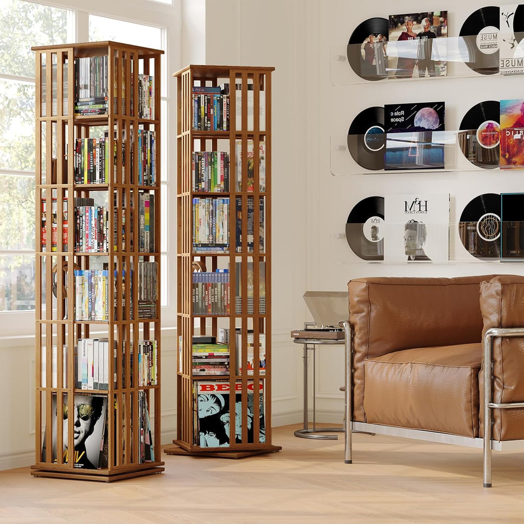 XIMN 360° Rotating Bamboo CD/DVD Shelf - 6-Tier Space-Saving Media Storage Cabinet for Movies, Organizer with Super Compact Design (Walnut, 6 Tier)