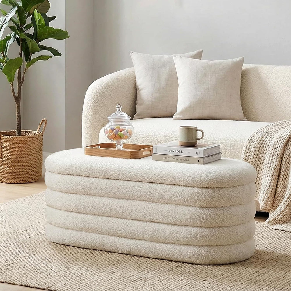 Furniliving Storage Ottoman Bench, 45'' Upholstered Boucle Ottoman wi...