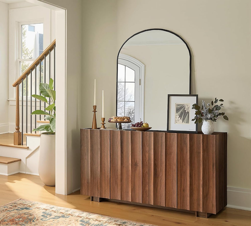 win2win 61.7" Fluted Sideboard Buffet Cabinet with Storage, Walnut | Mid Century Modern Credenza with Adjustable Shelves, Modular Accent Cabinet for Living Dining Room Hallway,Wave Design